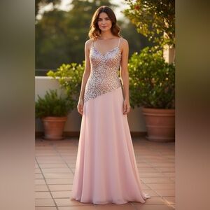 🌸 Karishma Pink Beaded Chiffon Formal Gown – Size 12 – NWT 🌸